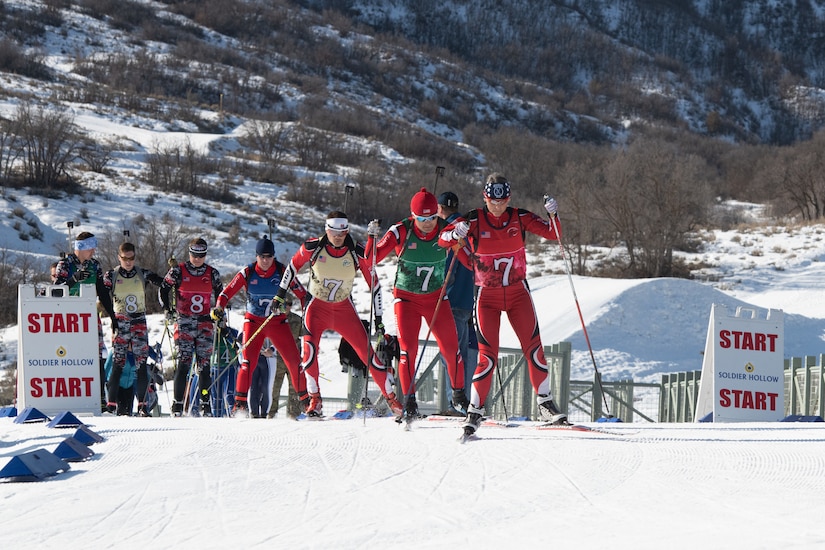 Teams of Soldier-biathlete teams from 21 states compete in the patrol event during the 2020 Chief, National Guard Bureau Biathlon Championship at the Soldier Hollow Nordic Center in Midway, Utah, March 1, 2020.