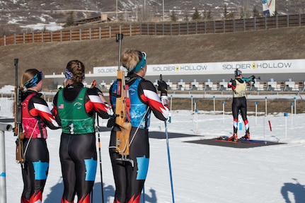 Teams of Soldier-biathlete teams from 21 states compete in the patrol event during the 2020 Chief, National Guard Bureau Biathlon Championship at the Soldier Hollow Nordic Center in Midway, Utah, March 1, 2020.