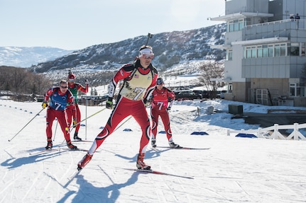 Teams of Soldier-biathlete teams from 21 states compete in the patrol event during the 2020 Chief, National Guard Bureau Biathlon Championship at the Soldier Hollow Nordic Center in Midway, Utah, March 1, 2020.