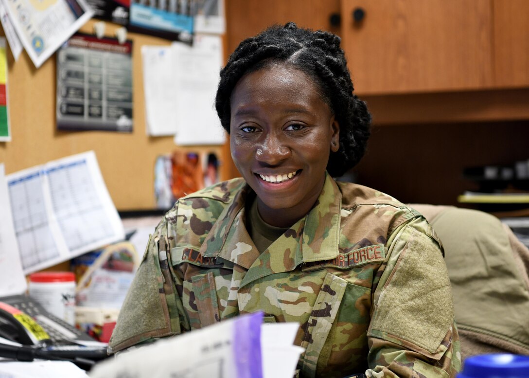 Technical Sgt. Barbara Clark gives insight into the Traffic Management Office at the 104th Fighter Wing. Clark works as a supervisor overseeing inbound and outbound shipments as well as managing airmens training.  (U.S. Air National Guard photo by Airman Camille Lienau)