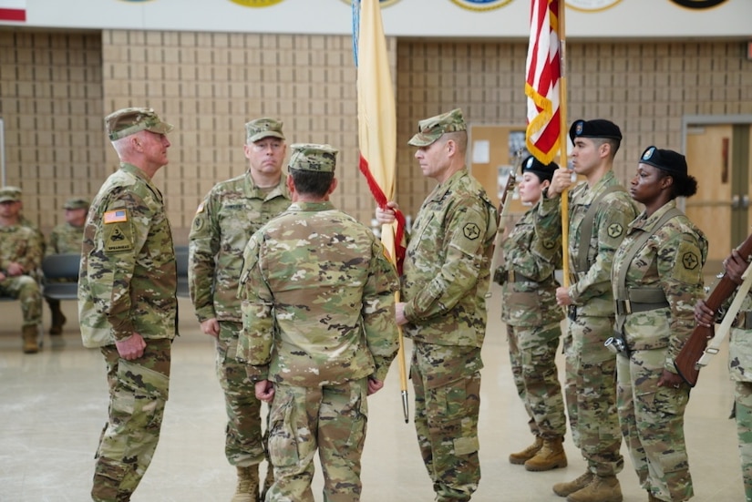 U.S. Army Reserve Brig. Gen. Stuart Werner, a native of Manchester, Pennsylvania, assumes command of 364th Sustainment Command (Expeditionary) in a ceremony held on Mar. 8 in Marysville, Washington. The brief ceremony was officiated by Maj. Gen. Eugene LeBoeuf, commanding general of 79th Theater Sustainment Command, with Col. Vince Rice, deputy commander of the 364th ESC, standing in place of outgoing commander, Brig. Gen. Vincent E. Buggs. The 364th ESC has approximately 4,000 U.S. Army Reserve Soldiers and includes two Regional Support Groups and one Sustainment Brigade that comprise a total of 40 units and spans six states and two time zones in the northwestern portion of the United States. (Photo by U.S. Army Reserve Sgt. Christian Dizon, 477th Transportation Company)