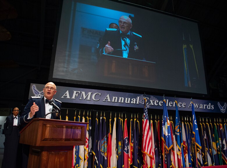 General Arnold W. Bunch, Jr., AFMC commander speaks to nominees and their well-wishers during the command’s annual awards banquet, March 11, 2020.