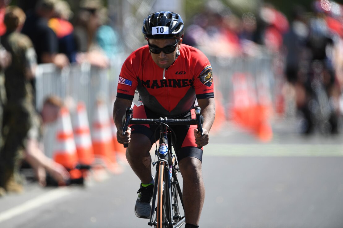 U.S. Marine Corps Staff Sgt. Oscar Delarosa competes in the cycling time trials during the 2020 Marine Corps Trials at Marine Corps Base Camp Pendleton, Calif., March 8.