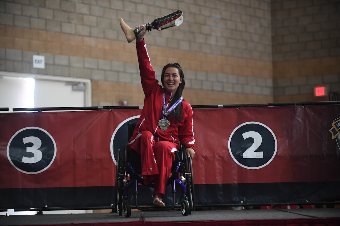 U.S. Marine Corps veteran Annika Hutsler wins the gold medal for the women's freestyle swim during the 2020 Marine Corps Trials at Marine Corps Base Camp Pendleton, Calif., March 10.