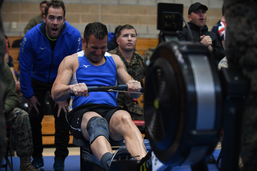 French athlete Staff Sgt. Lionel Danjou competes in the rowing finals of the 2020 Marine Corps Trials at Marine Corps Base Camp Pendleton, Calif., March 9.