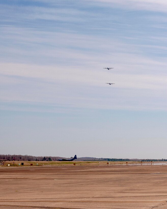 Two C-130J Hercules taxi from the runway at Little Rock Air Force Base, Ark. March 7, 2020.