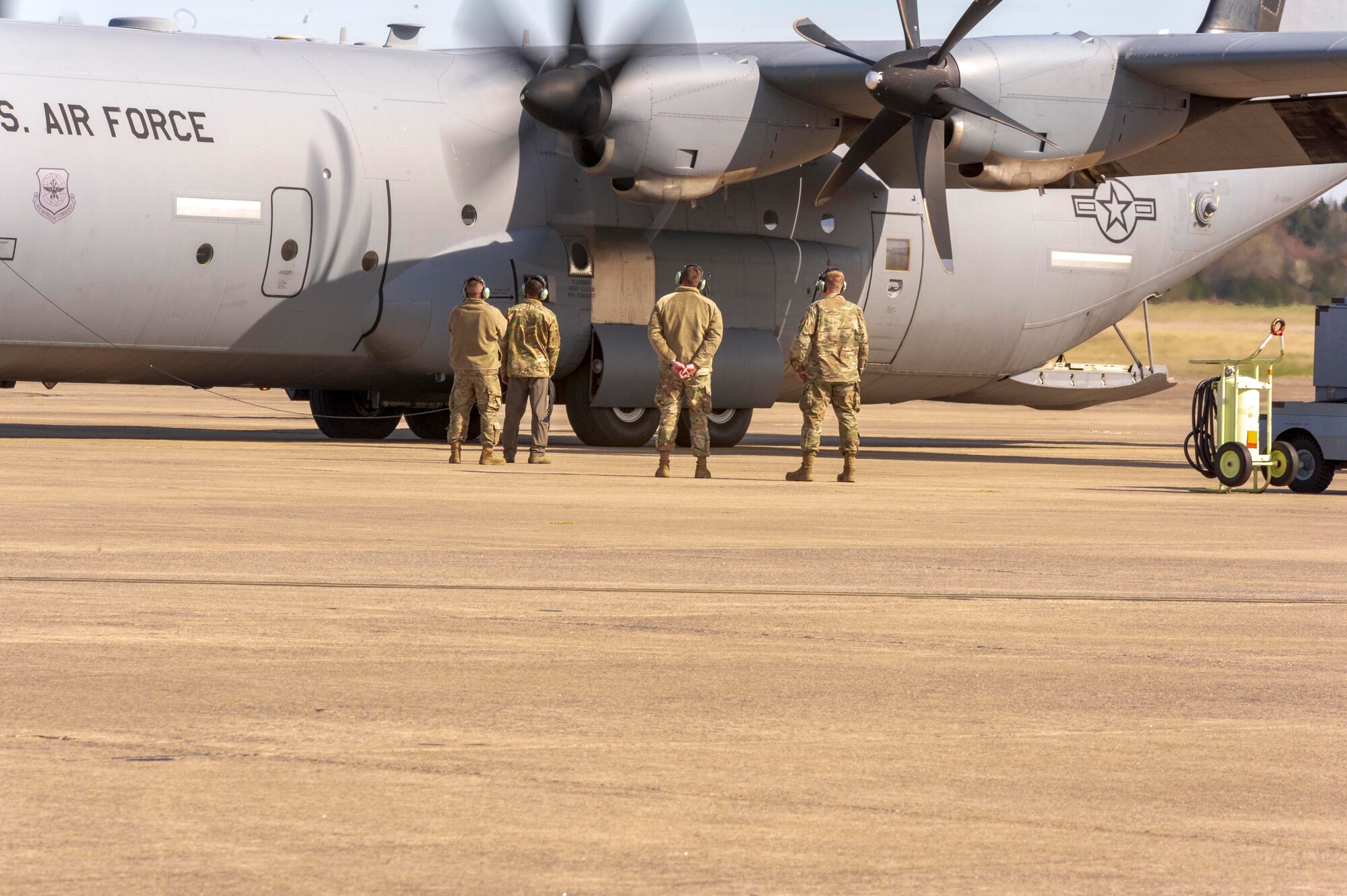 The C-130J Hercules starts engines to prepare to take off from Little Rock Air Force Base, Ark. March 7, 2020.