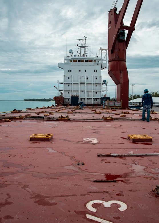 Ship floats on water.