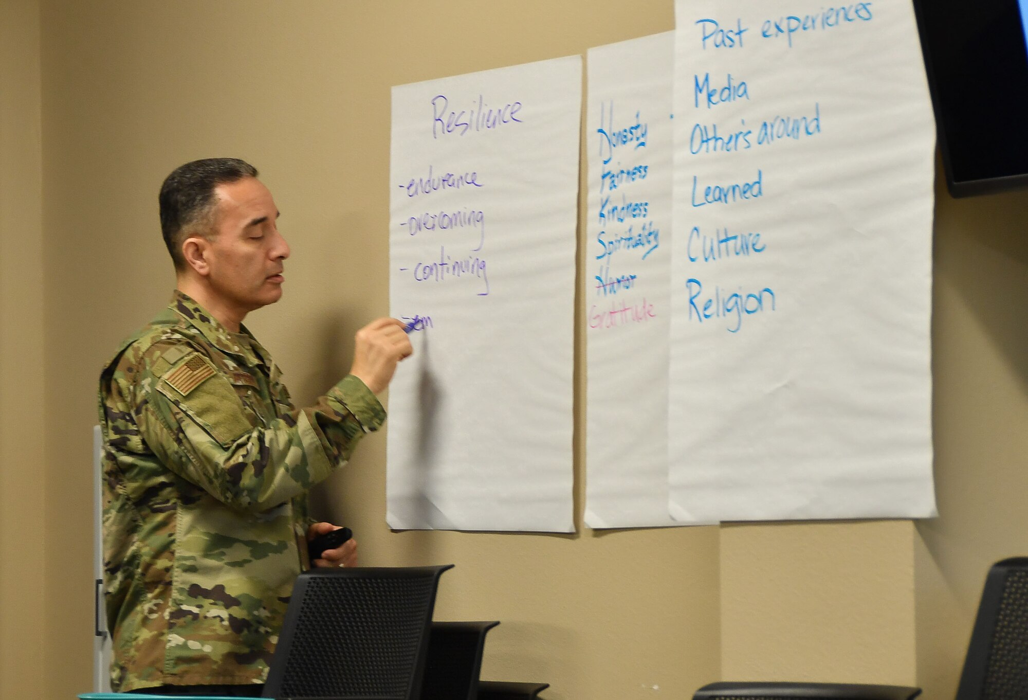One RTA student teaches his fellow classmates about resiliency at the Airman Resource Center on station Feb. 6. Participants started the course with several days of intensive learning and then qualified through giving a “teach-back” lesson to the group. The goal is to help them gain comfort with the materials in order to take the skills back to their respective units. (U.S. Air Force photo by Jeremy Roman)