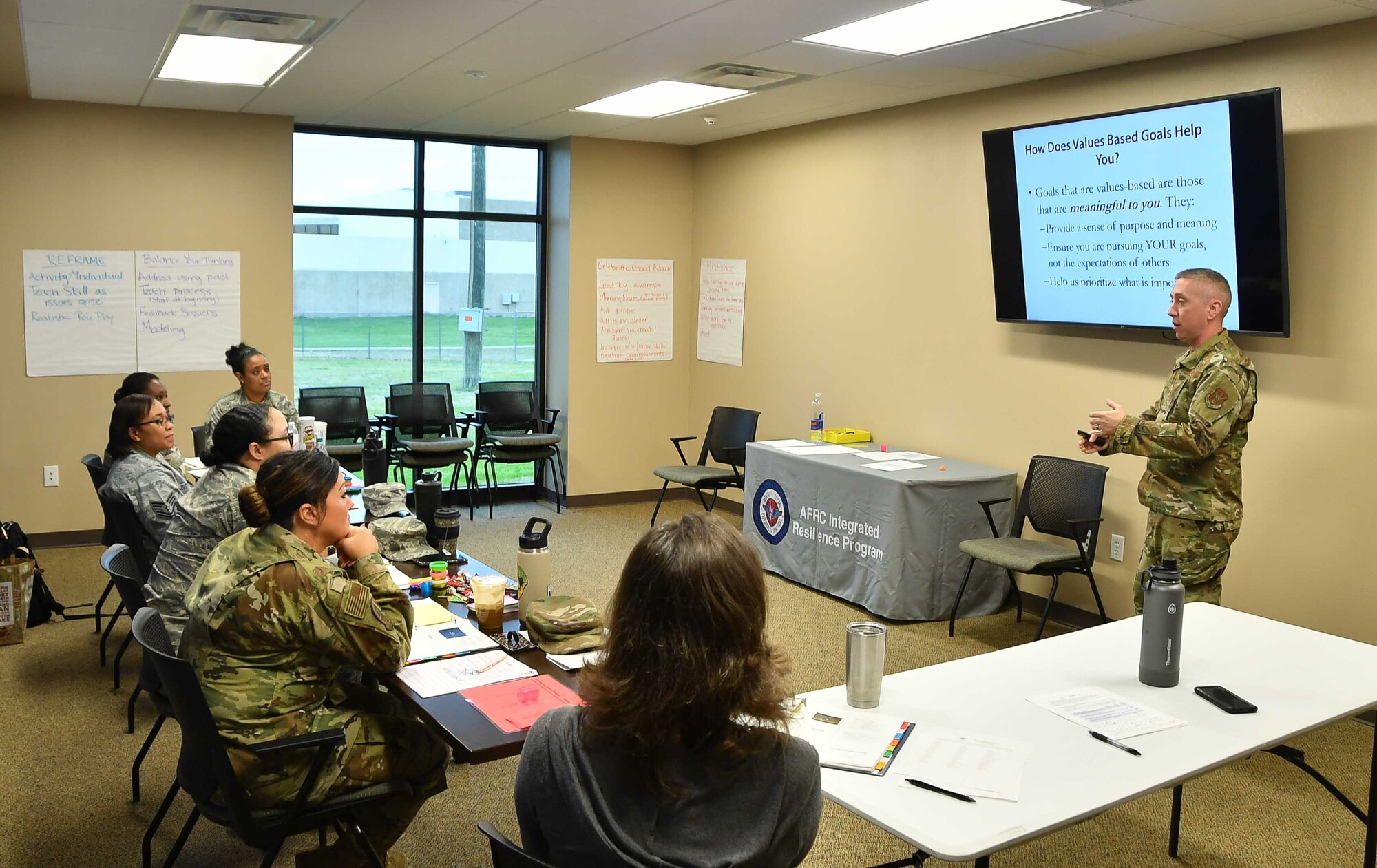 Master Sgt. Ross Robbins, 301st Fighter Wing Maintenance Squadron and master resiliency trainer, introduces some new material during a discussion at the Airman Resource Center on station Feb. 6. The RTA training was 4 ½ days where learners participated in developing resiliency skills such as recognizing people as individuals and how others cope. (U.S. Air Force photo by Jeremy Roman)