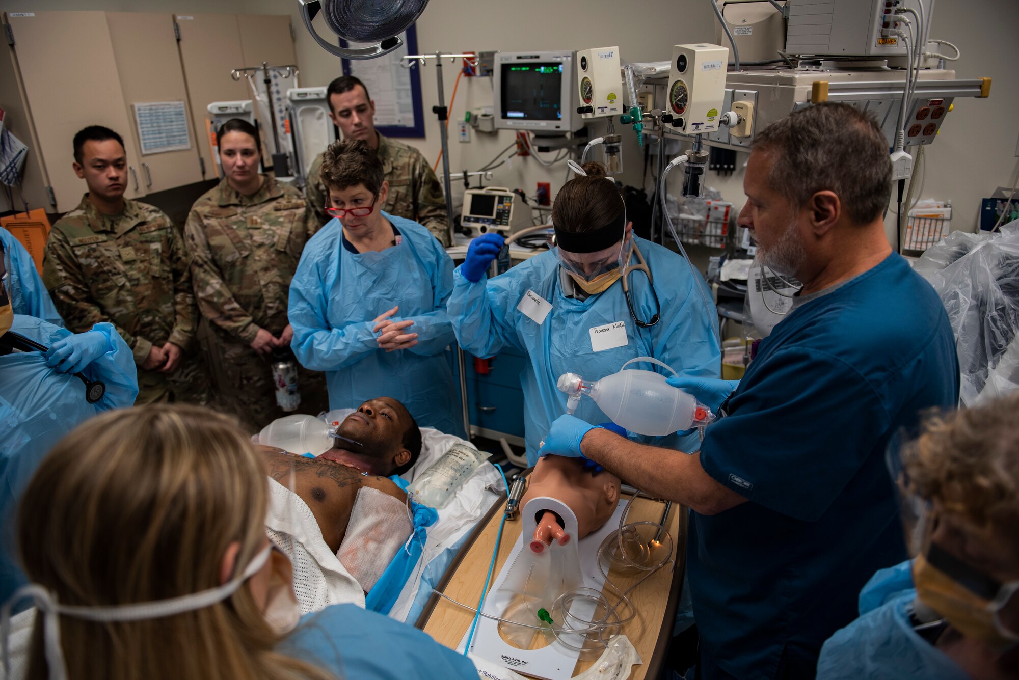 Medical technicians and nurses participate in a joint medical exercise with the 325th Medical Group at Tyndall Air Force Base and Bay County Emergency Medical Services at Ascension Sacred Heart Bay Medical Center, Panama City, Florida, March 12, 2020. The off base portion of the exercise included patient transfer from the scene of the incident by Bay County EMS to the local Ascension Sacred Heart Bay Medical Center for triage and treatment. (U.S. Air Force photo by Staff Sgt. Magen M. Reeves)