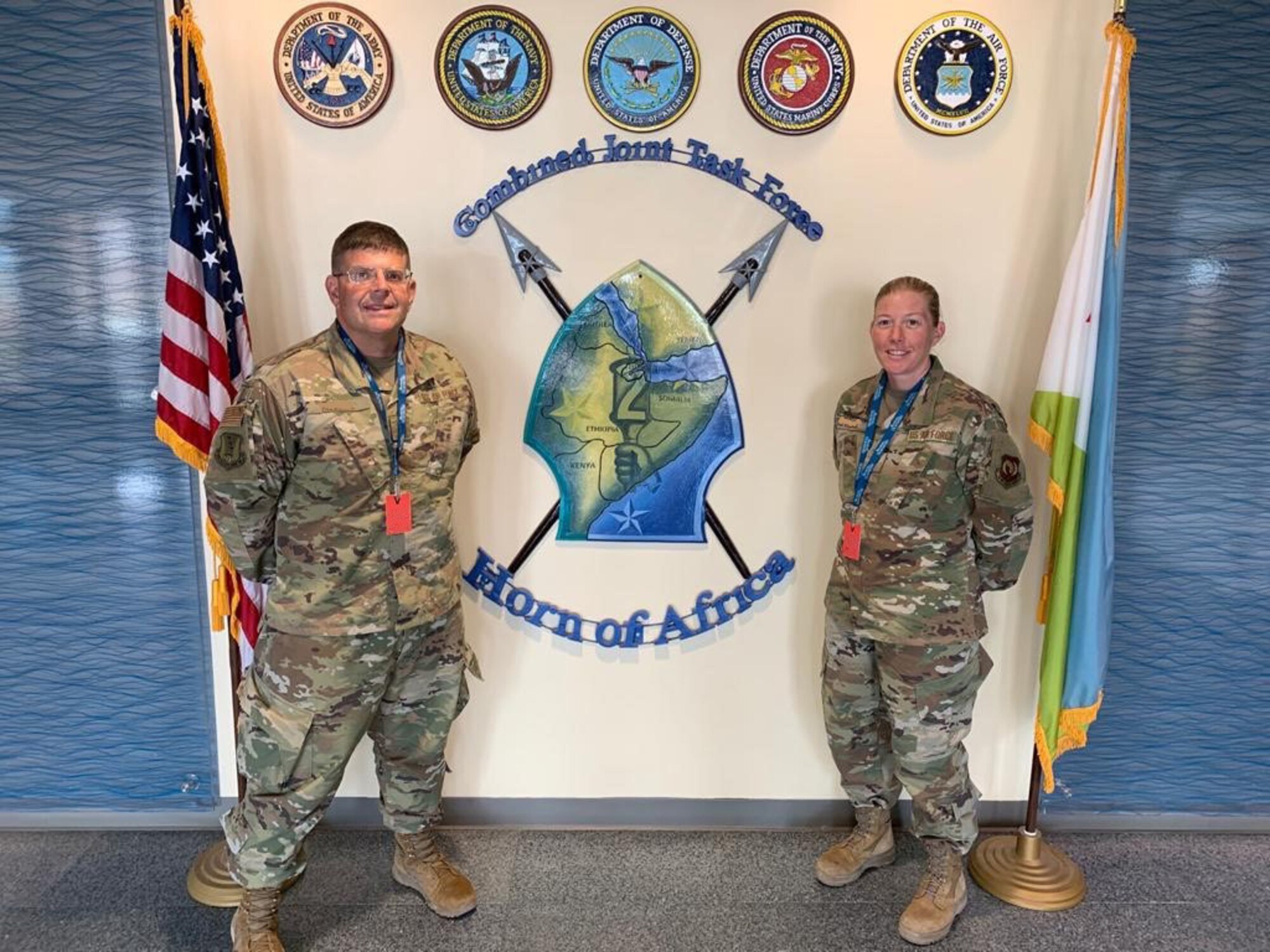 Chaplain (Maj.) John Russell and Tech. Sgt. Amy Reach, Tech. Sgt. Amy Reach, Chaplain Assistant from the 117th Air Refueling Wing, Sumpter Smith Joint National Guard Base, Birmingham, AL pose for a photo during a recent deployment. (U.S. Air National Guard photo) from the 117th Air Refueling Wing, Sumpter Smith Joint National Guard Base, Birmingham, AL pose for a photo during a recent deployment. (U.S. Air National Guard photo)