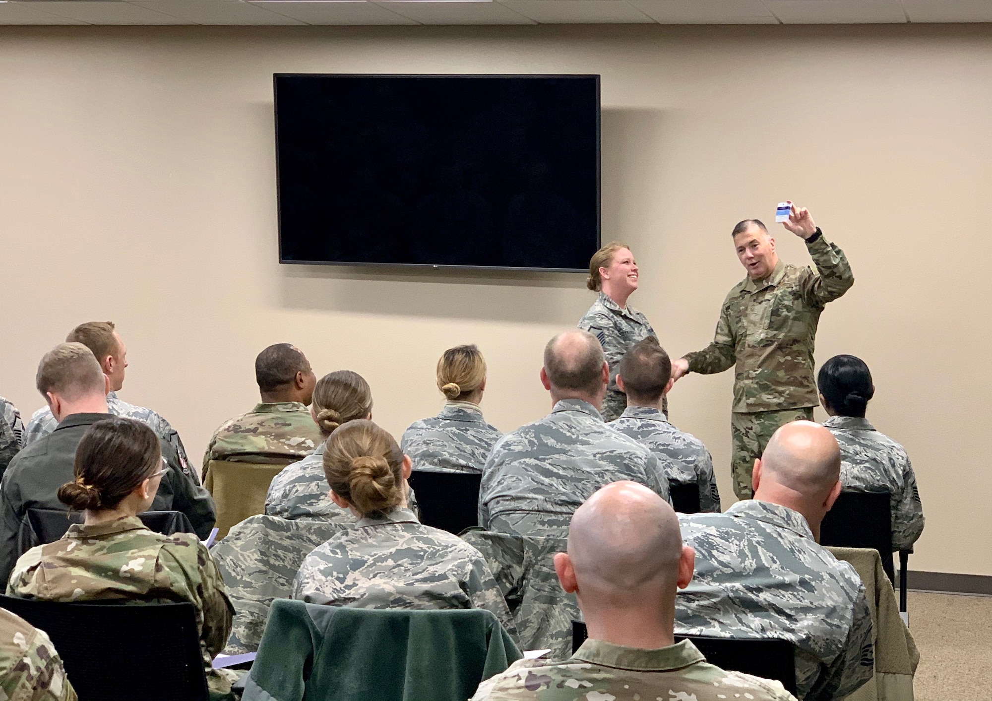 301st Fighter Wing Command Chief Rob Safley addresses the students during the Officer Leadership course at U.S. Naval Air Station Joint Reserve Base Fort Worth, Texas, February 10 - 14. students received resource presentations from the wing’s various subject matter experts as well as learned how those in leadership can benefit from the practical application those agencies provide. (Courtesy photo)