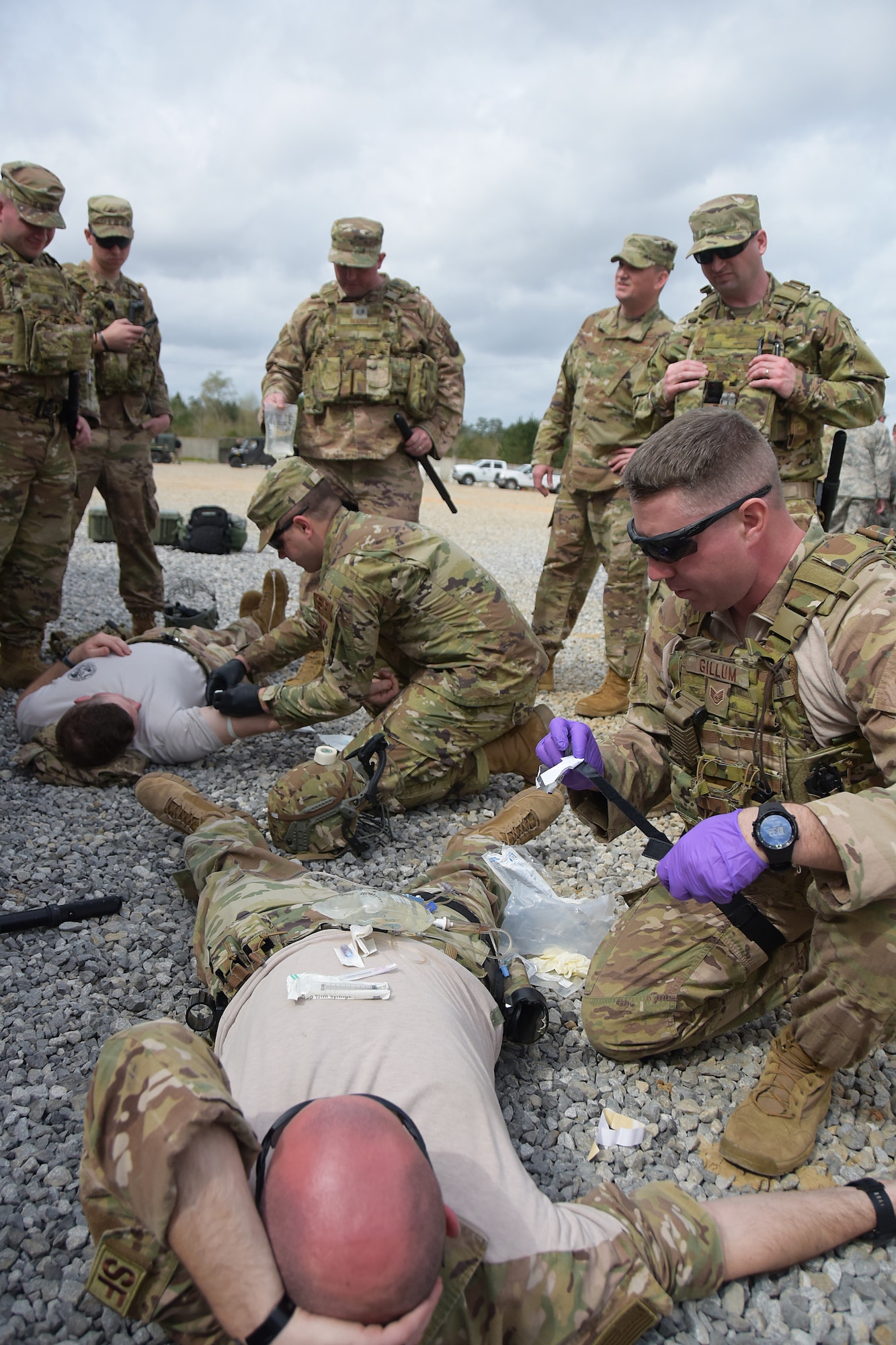 Ohio Air National Guard Airmen participate in medical readiness training during Patriot South, a domestic operations exercise at Camp Shelby, Mississippi, March 2, 2020. The 178th SFS led a security execution with members from the 179th, 180th, and 121st, along with members from the Iowa and New Jersey Air National Guard in a support role to the Mississippi Department of Wildlife, Fisheries and Parks' Special Response Team. (U.S. Air National Guard photo by Capt. Lou Burton)