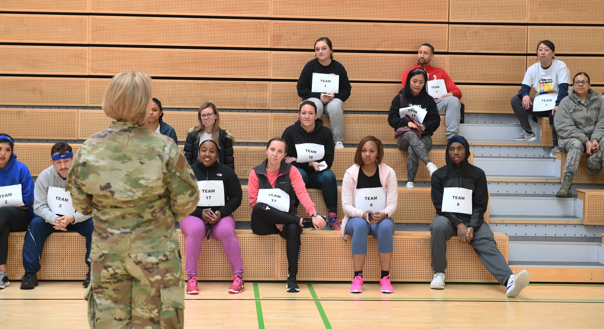 U.S. Air Force Col. Marlyce Roth, 52nd Mission Support Group commander, gives opening remarks to participants of the "Run with Rosie" race at Spangdahlem Air Base, Germany, March 12, 2020. The race commemorated Women's History Month and consisted of running to different locations around base. (U.S. Air Force photo by Airman 1st Class Alison Stewart)