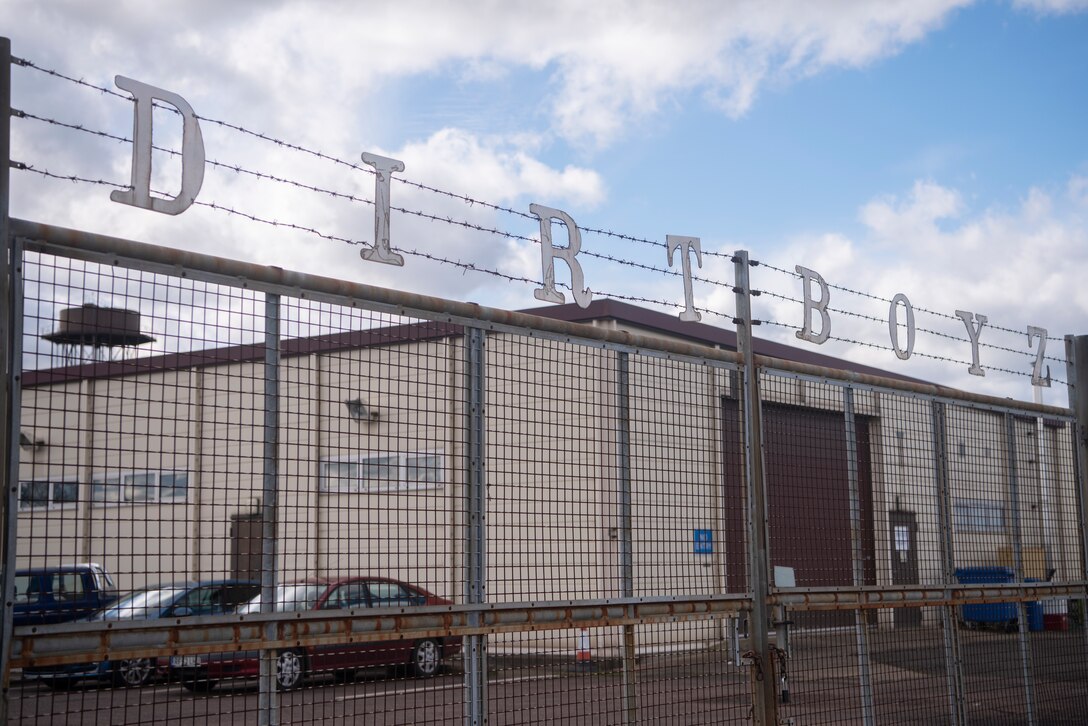 The entrance to the pavements and construction equipment shop. The Airmen of the shop, known as “Dirt Boyz,” are the subject matter experts when it comes to operating heavy machinery used for base construction projects. (U.S. Air Force photo by Airman 1st Class Joseph Barron)
