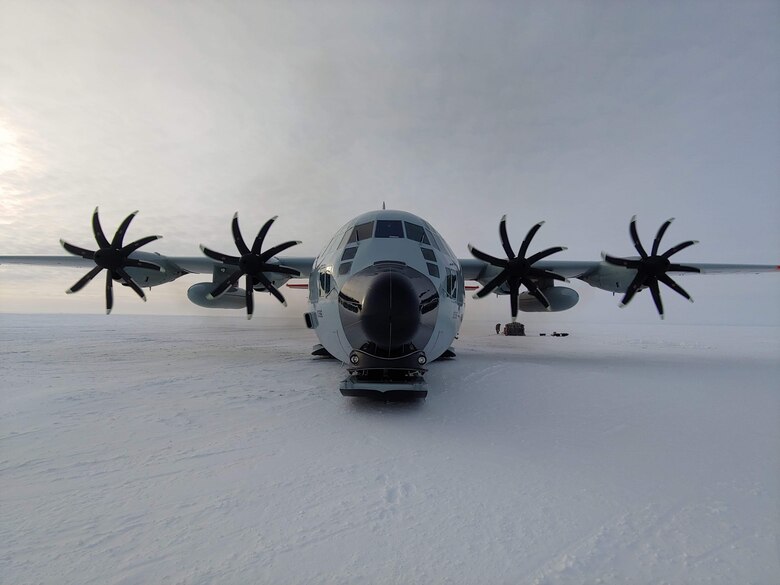 An LC-130 sits on the ski-landing area on the sea ice