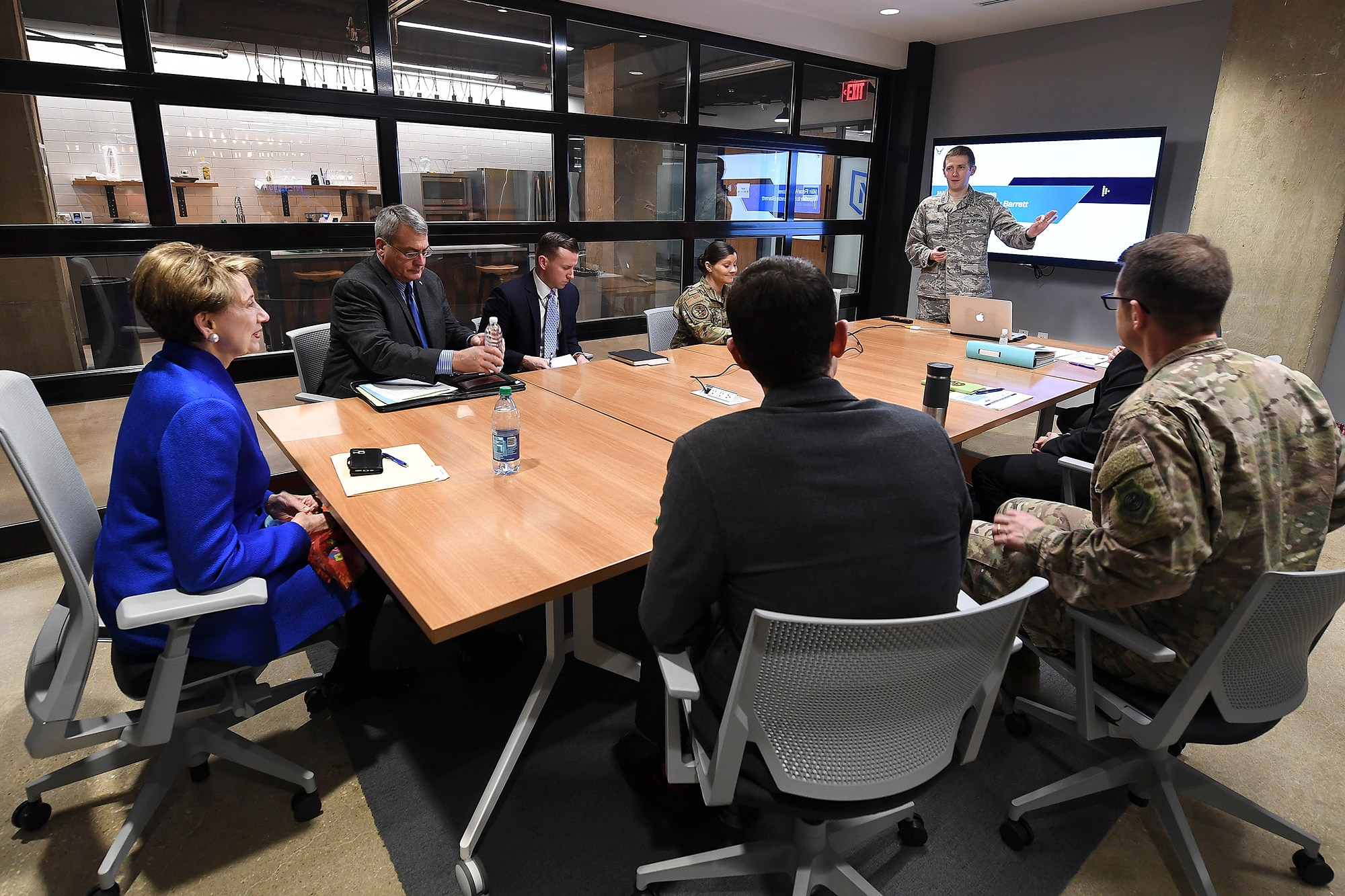 Secretary of the Air Force Barbara Barrett is briefed by the Air Force Ventures Team, Crystal City, Va., March 12, 2020. (U.S. Air Force photo by Andy Morataya)