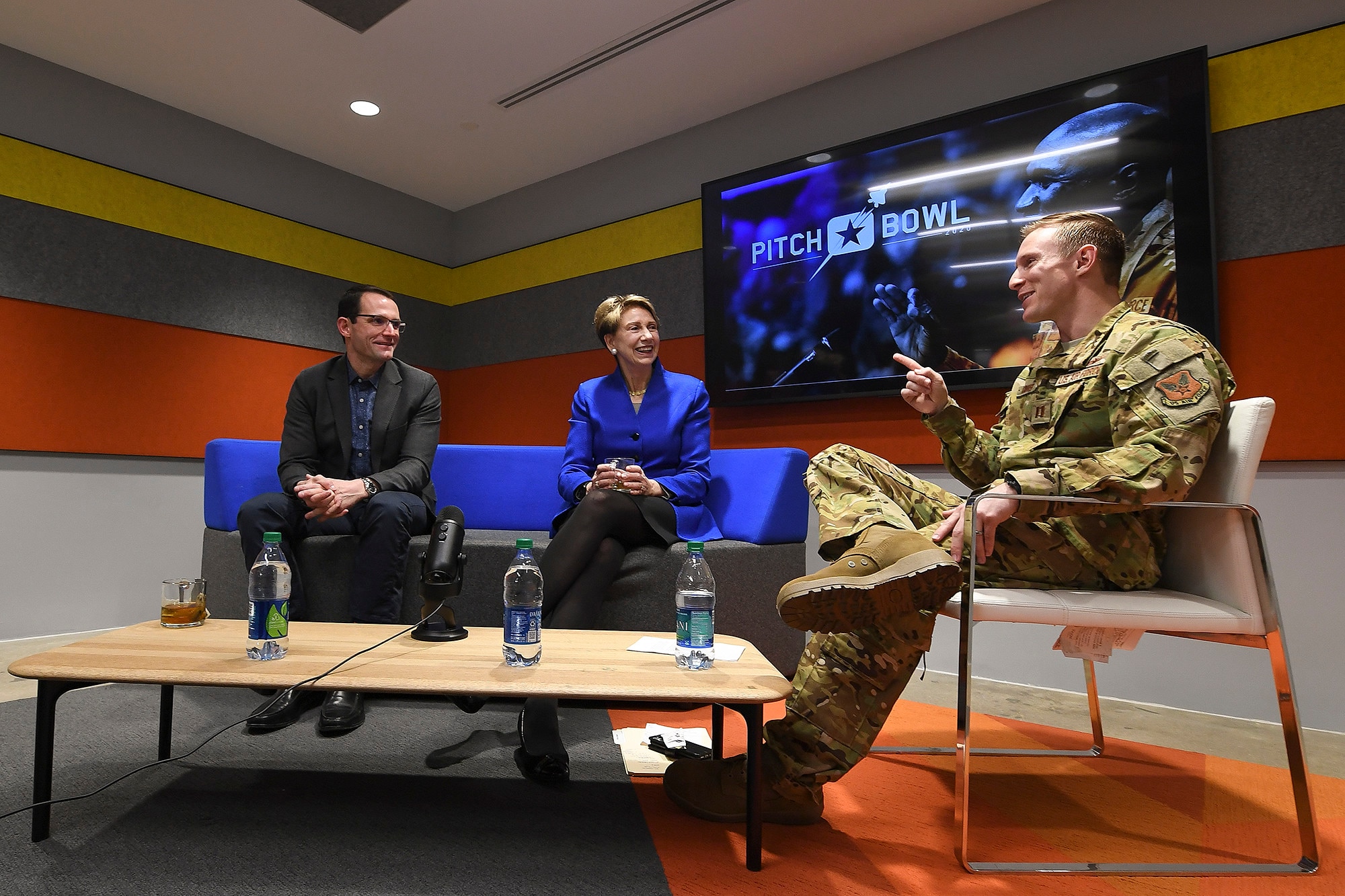 Dr. Will Roper, left, assistant secretary of the Air Force for acquisition, technology and logistics, has a fireside chat for Pitch Bowl with Air Force Secretary Barbara Barrett in Arlington, Va., March 12, 2020. (U.S. Air Force photo by Andy Morataya)