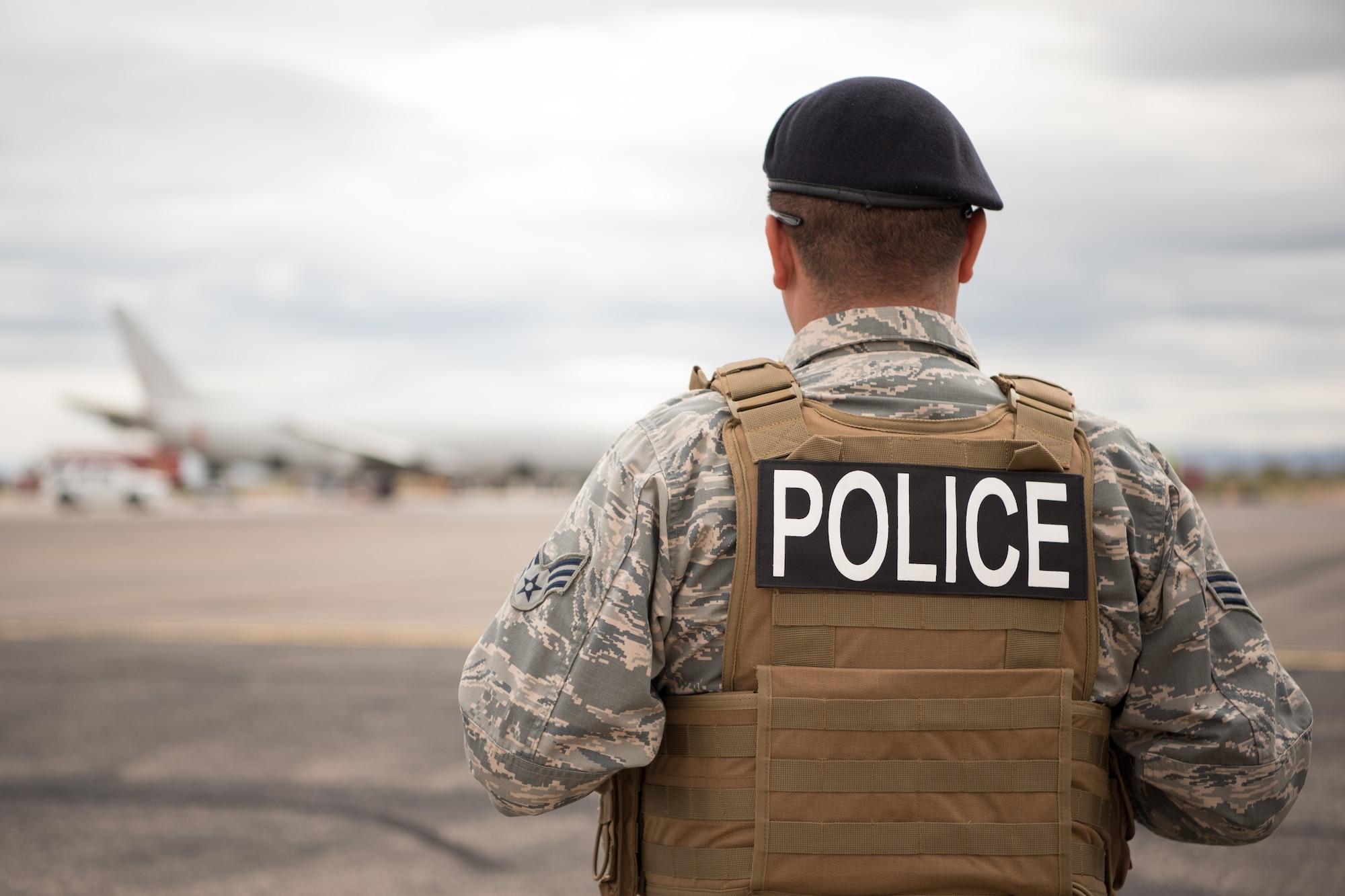 Senior Airman Juan Yepez, a member of the 162nd Security Forces Squadron, Morris Air National Guard Base, Ariz., patrols the perimeter during a training exercise at Tucson International Airport, Ariz., March 10, 2020. The drill provides the 162nd Wing’s security forces team an opportunity to participate in an exercise with hands on training. (U.S. Air Force photo by Senior Airman Aubrey Pomares)