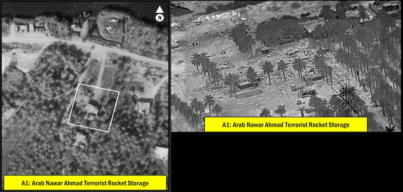 Aerial view of a weapons storage facility before and after it was struck by missiles.