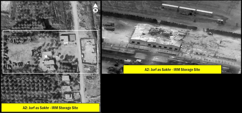 A weapons storage facility is shown both before and after a bombing.