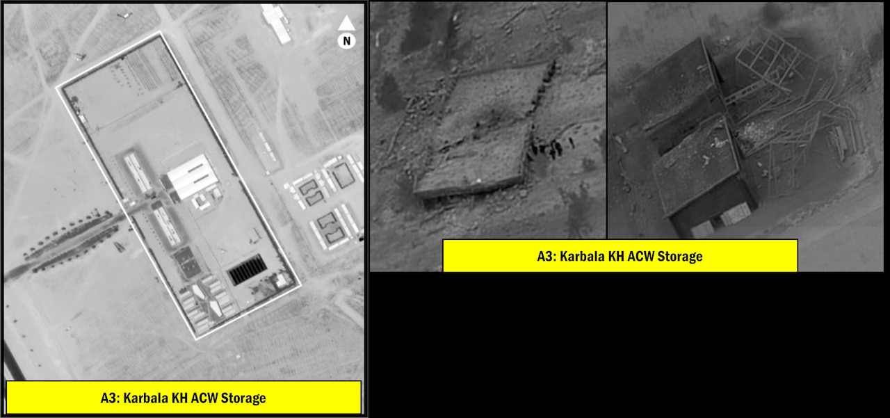 A weapons storage facility is shown both before and after a bombing.