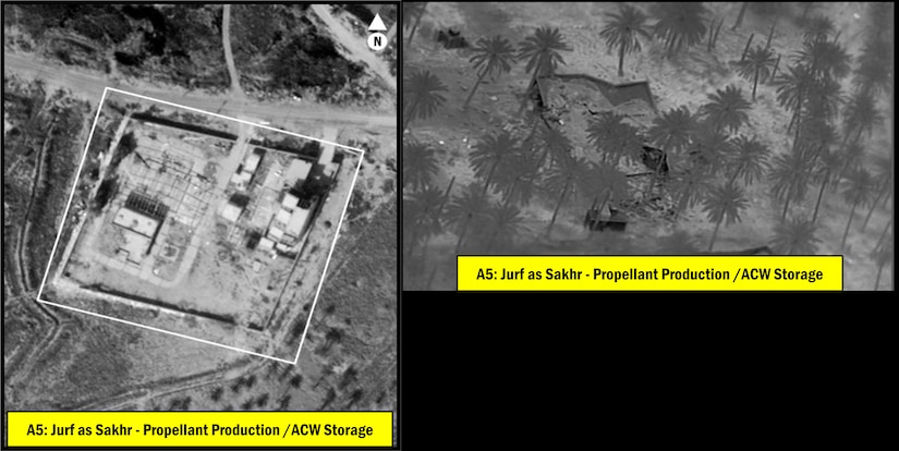 A weapons storage facility is shown both before and after a bombing.