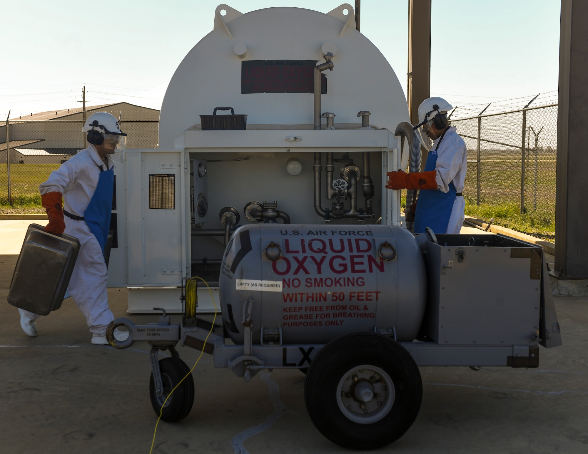 9th Logistic Readiness Squadron (LRS) fuels operators work with Liquid Oxygen