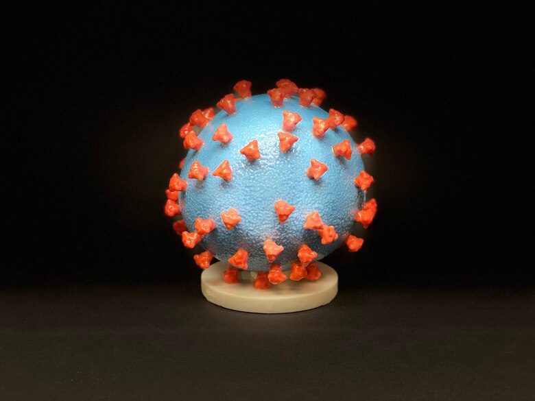 A picture of a 3D print of the virus that causes COVID-19