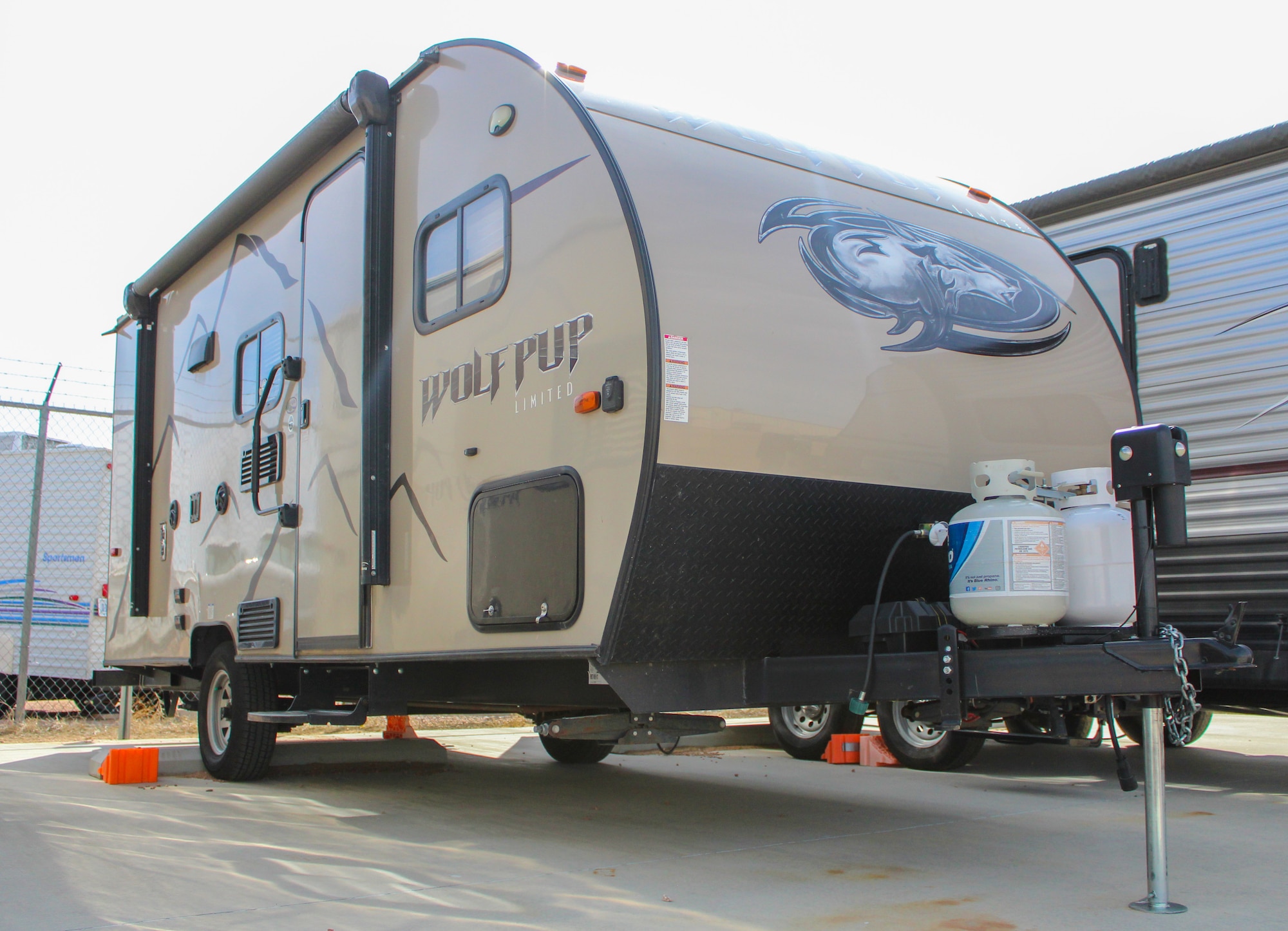 A Wolf Pup trailer sits in the Outdoor Recreation RV lot lot near Bldg. 805 at Schriever Air Force Base, Colorado, March 12, 2020. The 50t Force Support Squadron hosts camper safety courses every Wednesday at Bldg. 805 8-9 a.m. (U.S. Air Force photo by Marcus Hill)