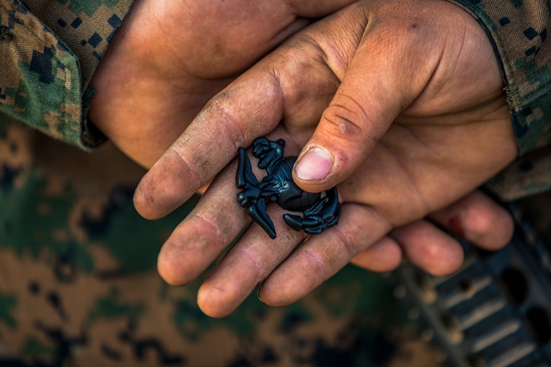 A U.S. Marine with Echo Company, 2nd Recruit Training Battalion, proudly holds his Eagle, Globe, and Anchor, after completing the Crucible at Marine Corps Base Camp Pendleton, California Oct. 24.