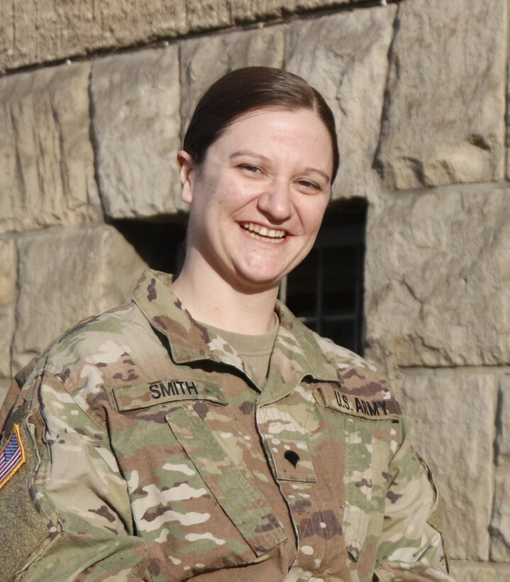 Spc. Lauren Smith, an intelligence analyst with the 652nd Regional Support Group from Cassville, Pennsylvania, smiles December 17, 2019 at Boleslawiec base camp in Boleslawiec, Poland, where she is the deputy mayor of the base camp. Smith just completed the Basic Leader Course in Grafenwoehr, Germany, where she made the commandant’s list, finishing fourth in her class of 180 Soldiers. (U.S. Army Reserve photo by Master Sgt. Ryan C. Matson, 652nd Regional Support Group)