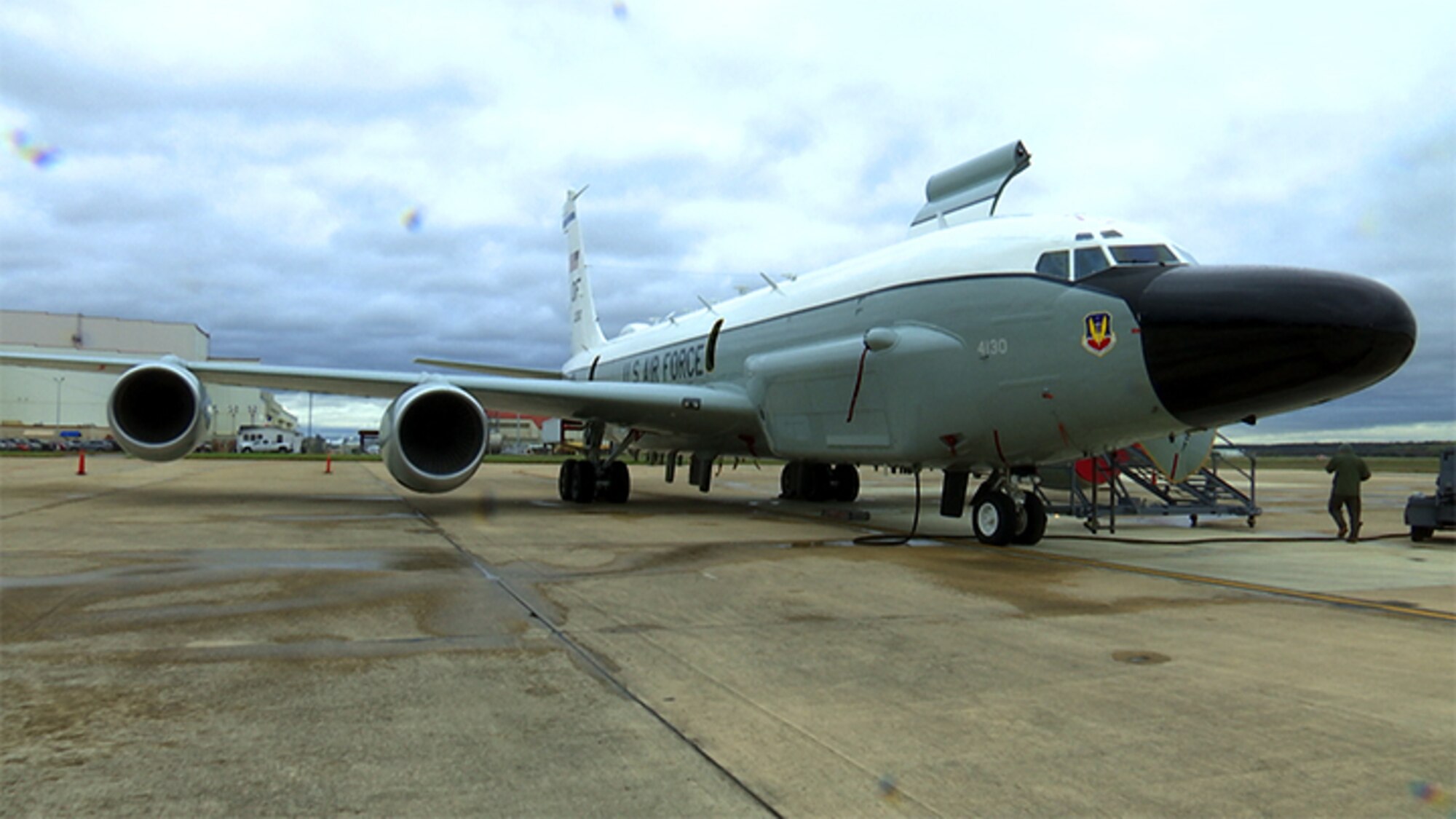 U.S. Air Force Airmen with the 55th Wing, Offutt Air Force Base, Nebraska, demonstrate the unique capabilities of the RC-135 known as Rivet Joint at JBSA Lackland, Texas, Feb. 21, 2020. The Rivet Joint is one of Sixteenth Air Force's aerial assets used for Intelligence, Surveillance and Reconnaissance missions worldwide.