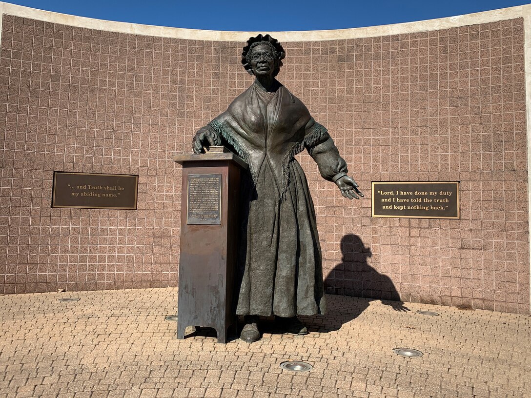 A large bronze statue in downtown Battle Creek, Michigan, reminds visitors of Sojourner Truth's impact on rights for all.
