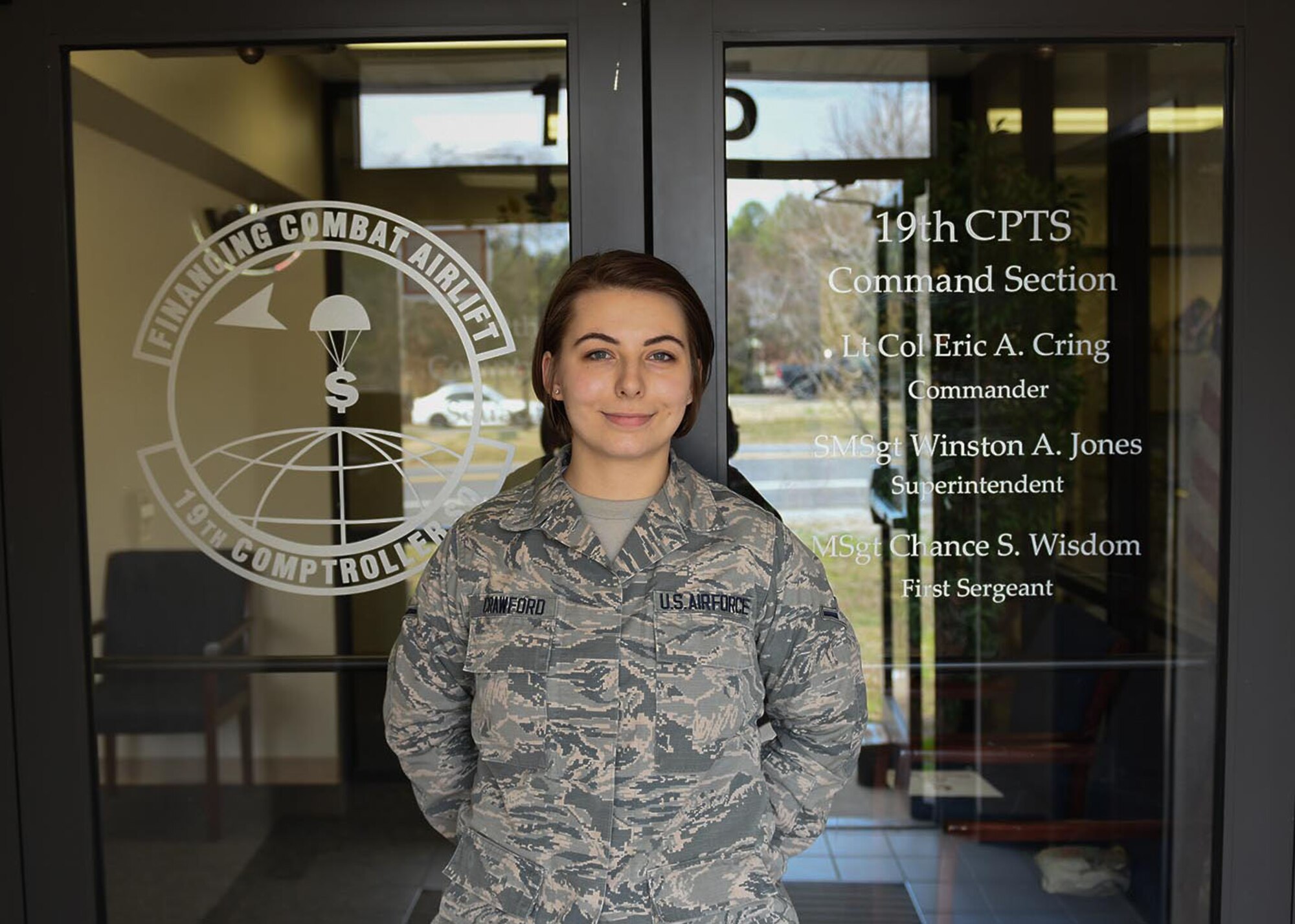 U.S. Air Force Airman Jessica Crawford, 19th Comptroller Squadron budget analyst, is recognized as the Combat Airlifter of the Week at Little Rock Air Force Base.