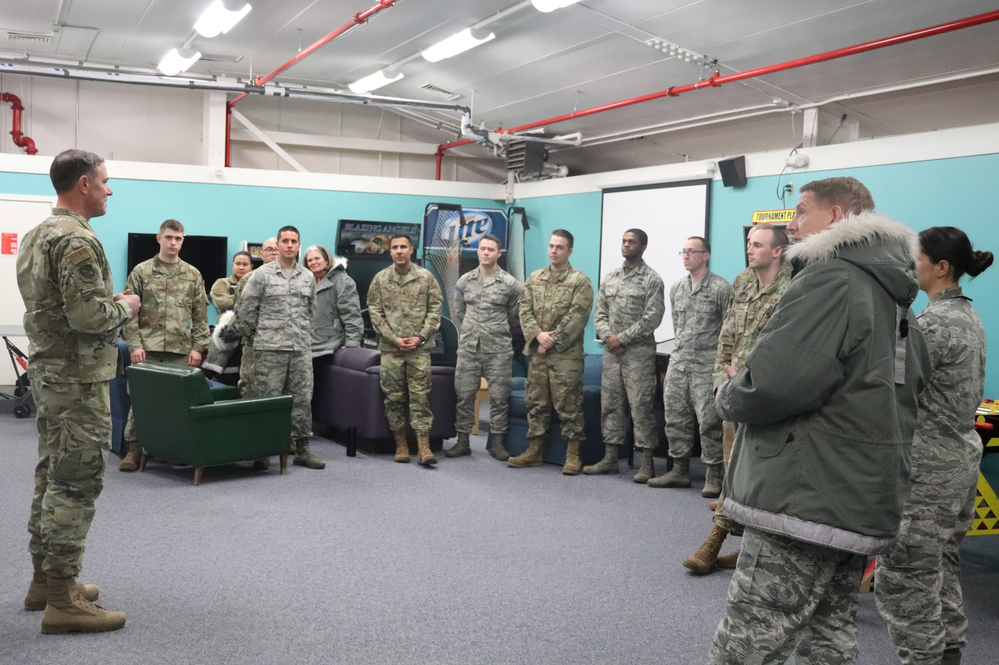 THULE AIR BASE, Greenland – Col. Thomas Falzarano, 21st Space Wing commander, visits with Airmen of Thule Air Base, Greenland, on Feb. 27, 2020. Falzarano was also accompanied by the 50th SW commander, Col. James Smith and Ms. Kristen Christy, 2018 Spouse of the Year. (Courtesy Photo)