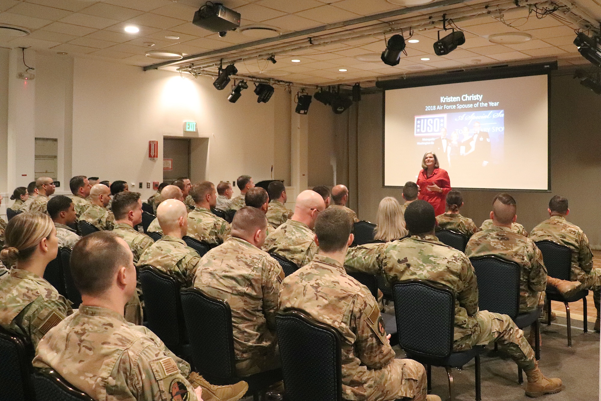 THULE AIR BASE, Greenland – Kristen Christy, 2018 Spouse of the Year, shared her story to the Airmen of Thule Air Base, Greenland, during an all-call on Feb. 27, 2020. Christy’s marriage abruptly ended when her husband, Lt. Col. Don Christy, took his own life in April 2008. Christy tells her story during speaking engagements about suicide at military installations across the country. (Courtesy Photo)