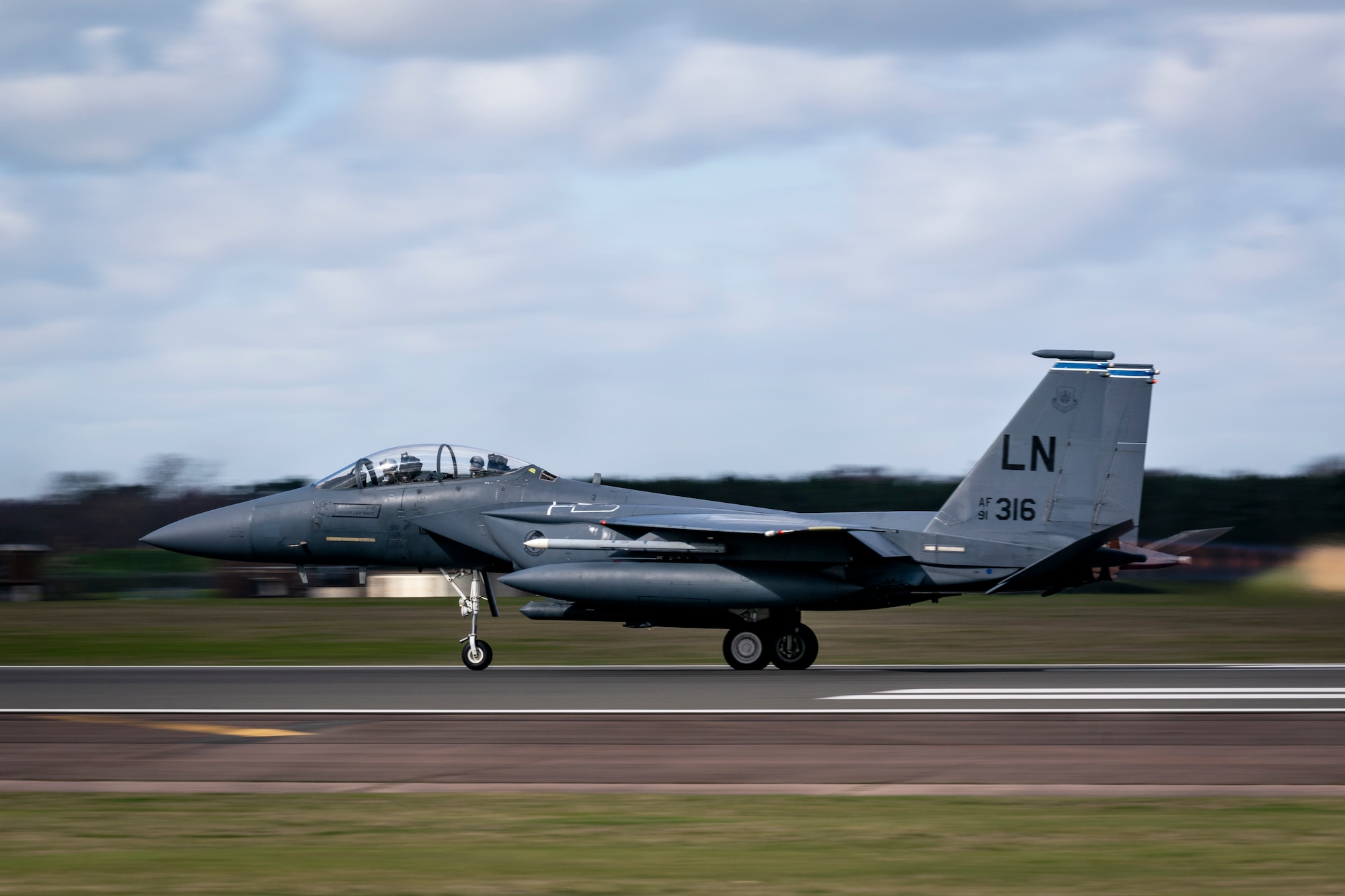 An F-15E Strike Eagle assigned to the 492nd Fighter Squadron takes off from Royal Air Force Lakenheath, England, in support of exercise Valiant Liberty, March 12, 2020. The training was designed to increase the Liberty Wing's capability to rapidly support joint operations, enabling U.S. and allied forces to deter, defend and win across the spectrum of conflict. (U.S. Air Force photo by Staff Sgt. Rachel Maxwell)