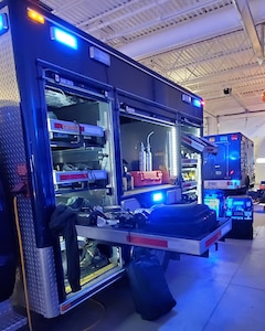 Members of the 51st Weapons of Mass Destruction Civil Support Team, Michigan National Guard, perform maintenance on their equipment, Fort Custer Training Center Augusta, Michigan, March 11, 2020. The 22-person team, made up of Michigan Army and Air National Guard members, assesses incidents and assists state emergency management, the state’s Joint Force Headquarters, and other key officials.