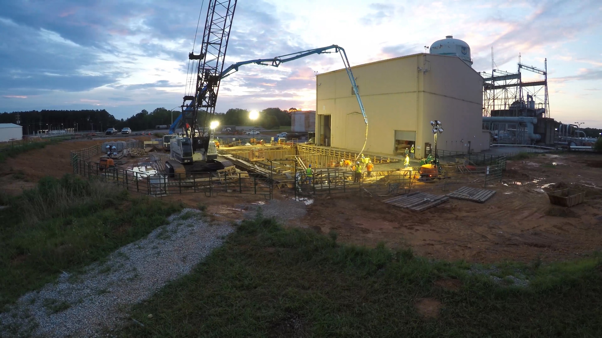 Work is ongoing at the Block 1 heater pit for the Hypersonic Test Capability Improvement (HTCI) project as night falls. A team of Arnold Engineering Development Complex engineers is heading up the HTCI Project, nicknamed “Project Phoenix.” The goal of the project is to transform the J-5 facility at Arnold Air Force Base, Tenn., to support future hypersonic weapon acquisition and research and development programs. The pit will house the heaters that allow the facility to test at hypersonic conditions. (U.S. Air Force photo)