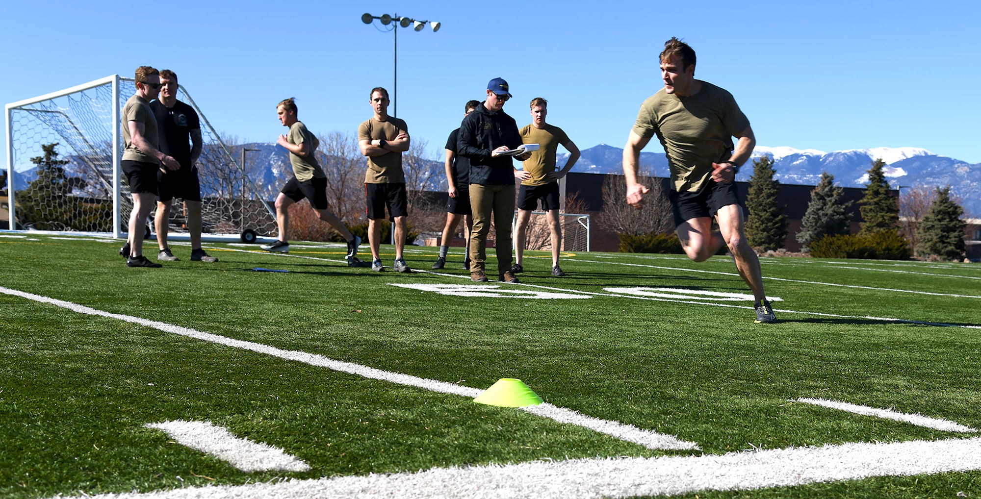 Members of the 13th Air Support Operations Squadron stationed at Fort Carson, Colorado take the new special warfare unit test at Peterson Air Force Base, Colorado on February 28, 2020. The new test streamlines expectations for special warfare units across all military branches to ensure operators can meet increased mission requirements. (U.S. Air Force photo by Erica Blanton)