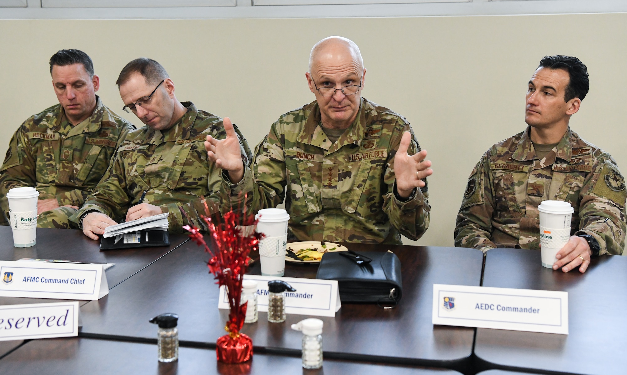 Gen. Arnold W. Bunch, Jr., commander, Air Force Materiel Command (AFMC), fields questions during a breakfast with Arnold Engineering Development Complex (AEDC) team members, Feb. 7, 2020, at Arnold Air Force Base, Tenn. Also pictured are Chief Master Sgt. Robert Heckman, from left, superintendent of AEDC; Chief Master Sgt. Stanley Cadell, command chief, Air Force Materiel Command; and Col. Jeffrey Geraghty, commander of AEDC. (U.S. Air Force photo by Jill Pickett)
