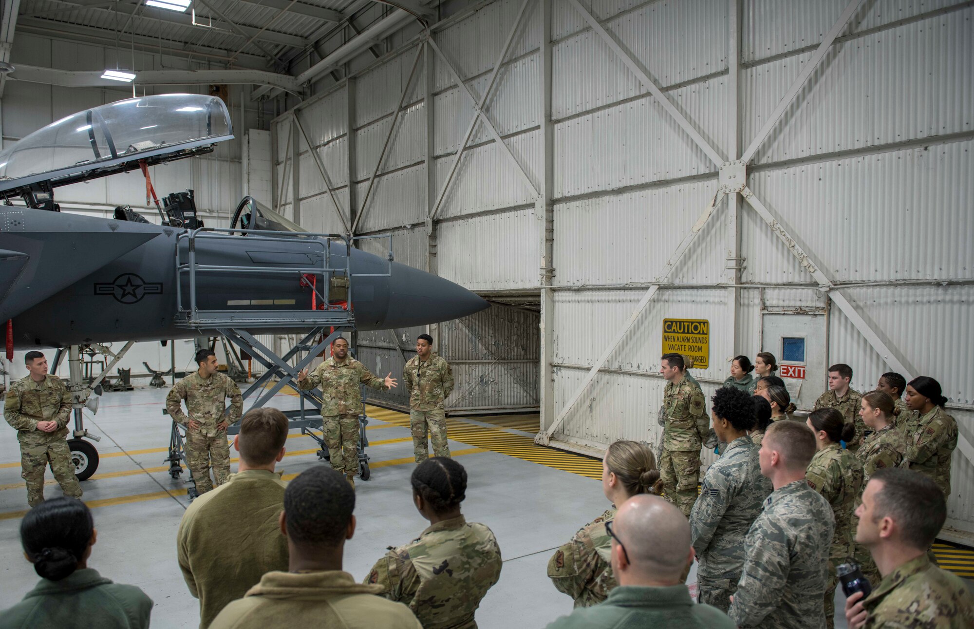 Airmen from the 4th Maintenance Group teach Airmen from the 4th Operations Medical Readiness Squadron, about the F-15E Strike Eagle and the maintenance career field, March 11, 2020, at Seymour Johnson Air Force Base, N.C.