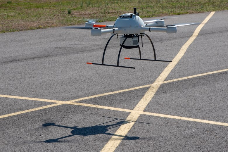 A Microdrones MD4-1000 lands at the Rocket City Radio Controllers complex in southeast Huntsville, Alabama, during an unmanned aircraft systems capabilities review Feb. 27, 2020.