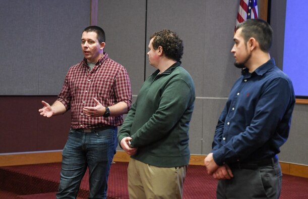 Phillip Krepp, left, an Arnold Engineering Development Complex engineer, speaks as part of a panel to students participating in Engineer for a Day, Feb. 19, 2020, at Arnold Air Force Base, Tenn. Also pictured, from left, are engineers Sloan Campbell and Ted Ilkov. (U.S. Air Force photo by Jill Pickett)