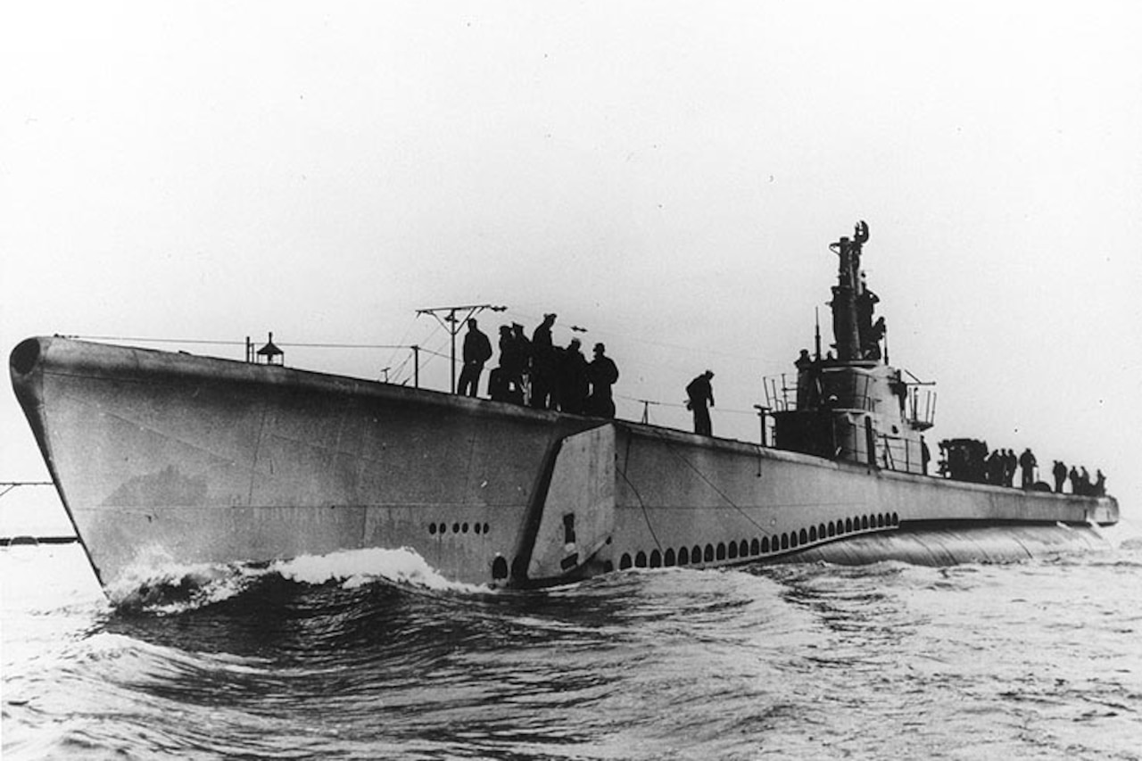 Submarine floats on surface.