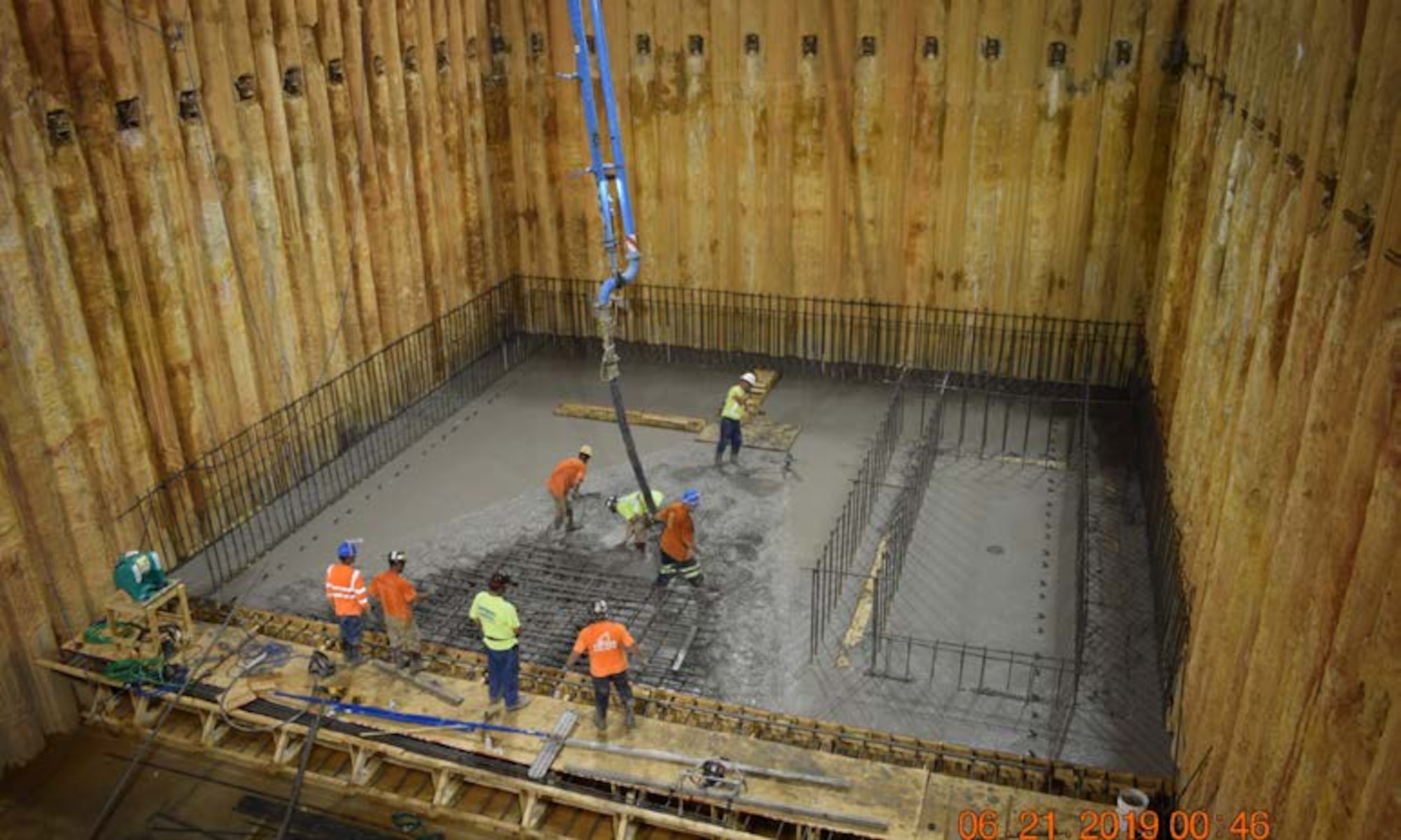 APTIM Federal Services and Morsey Constructor crews assist with a concrete pour June 21, 2019, in the Block 1 heater pit for the Hypersonic Test Capability Improvement (HTCI) Project at Arnold Air Force Base, Tenn. A team of Arnold Engineering Development Complex engineers is heading up the project. The goal of the project is to transform the J-5 facility to support future hypersonic weapon acquisition and research and development programs. The pit will house the heaters that allow the facility to test at hypersonic conditions. (U.S. Air Force photo)