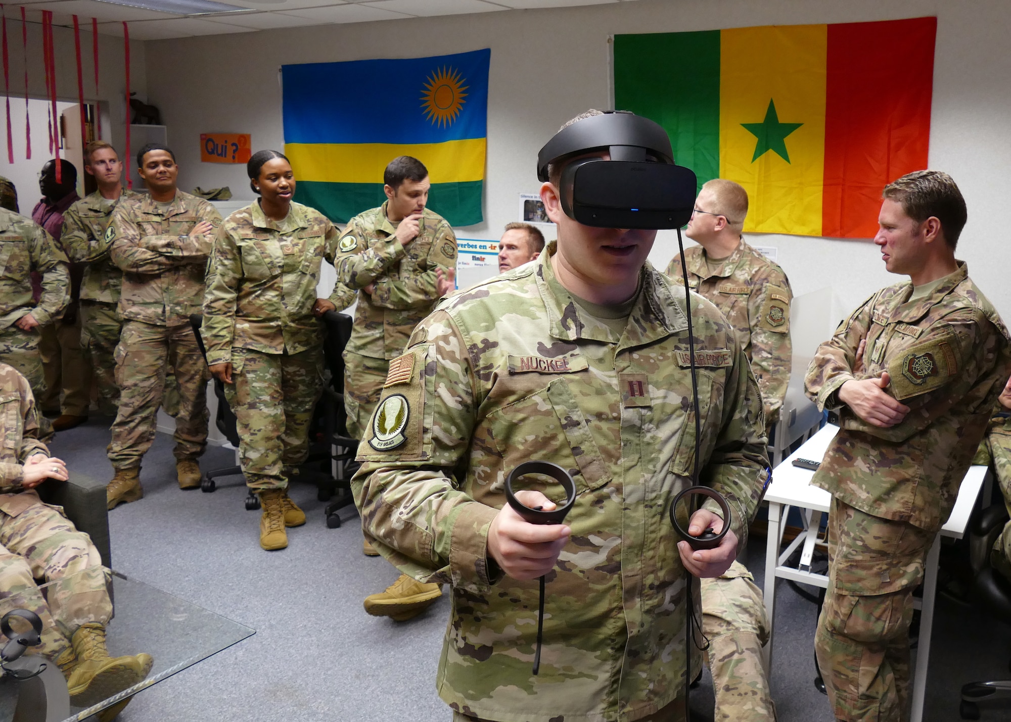 U.S. Air Force Capt. Reilly Nuckel, 818th Mobility Support Advisory Squadron flight commander, tests the new virtual reality French language program at the Language Learning Center at Joint Base McGuire-Dix-Lakehurst, New Jersey, Sept. 13, 2019. The LLC helps 818th MSAS Airmen maintain a French language proficiency as part of their mission to help train, advise and assist military partners in Africa. (Courtesy photo)