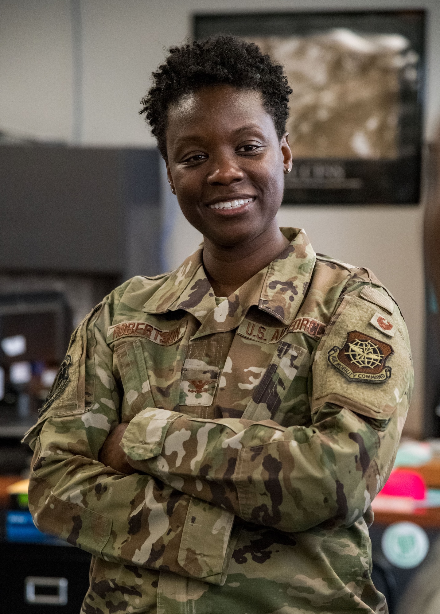 Col. Angenene Robertson, Air Mobility Command director of manpower, personnel and services, Scott Air Force Base, Illinois, listens to 436th Force Support Squadron personnel March 11, 2020, on Dover AFB, Delaware. Robertson visited the base for an immersion, where she learned in-depth details about many organizational missions and day-to-day operations including the Air Force Mortuary Affairs Operations and AFMES. (U.S. Air Force photo by Roland Balik)